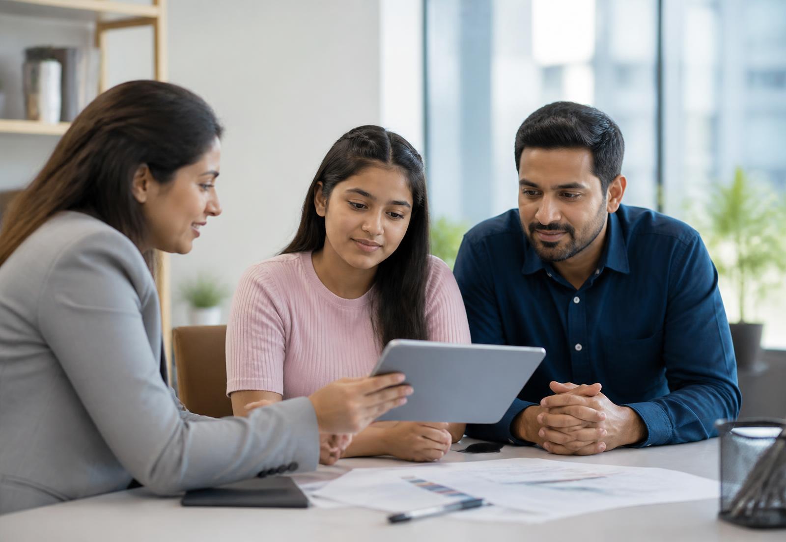 A counsellor reviewing an assessment report with a student and parent